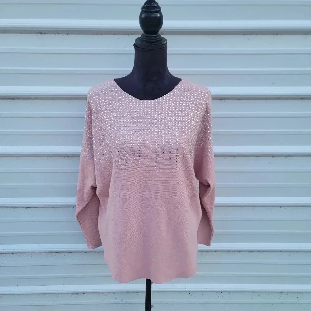 LUNA Women's Blush Pink Beaded Studded Rhinestones Bling Long Sleeve Sweater XL